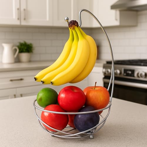 BNYD Chrome Fruit Bowl with Banana Holder – 14" Countertop Wire Basket with Banana Hook, Modern Fruit Basket with Banana Tree Hanger for Kitchen Table or Island Storage