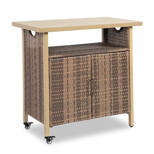 HOMEFUN Outdoor Bar Table with Storage Cabinet Patio Serving Carts on Wheels Wicker Grill Cart Prep Station Rolling Kitchen Island for Outside Backyard and Patio, Brown - color: 03-beige