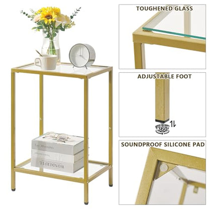 YMYNY Tempered Glass Side Table, 22.05H*14.96L*11.02W,Gold, UHGD002G | 2 Tier end table, Storage Shelves, Narrow Bedside Table, Small Space - color: Gold