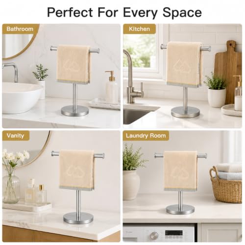 Hand Towel Holder Stand, 2 Freestanding Bathroom Towel Rack, Brushed Nickel | Weighted Stainless Steel Base Helps Prevent Tipping While The Open T-Shape Keeps Towels Dry on Bathroom Countertops - color: X-silver-2 Pack
