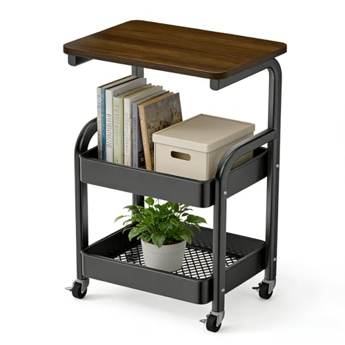 Multi-Purpose 3 Tier Rolling Cart with Walnut Table Top, Metal Utility Storage Cart with Lockable Wheels for Kitchen, Bathroom, Coffee Bar and Daily Organizing