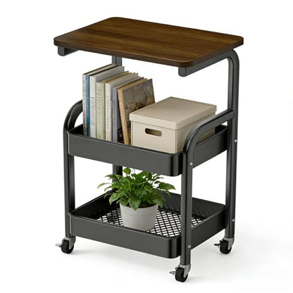 Multi-Purpose 3 Tier Rolling Cart with Walnut Table Top, Metal Utility Storage Cart with Lockable Wheels for Kitchen, Bathroom, Coffee Bar and Daily Organizing