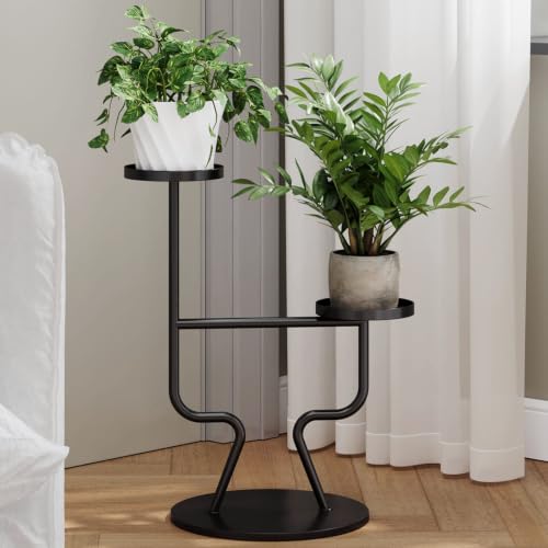 Tall Plant Stand Indoor Outdoor, 2 Tier Metal Plant Stand with Crossbar, Modern Flower Pot Holder for Living Room, Bedroom, Balcony, Patio, Decorative Plant Shelf Black - color: Black
