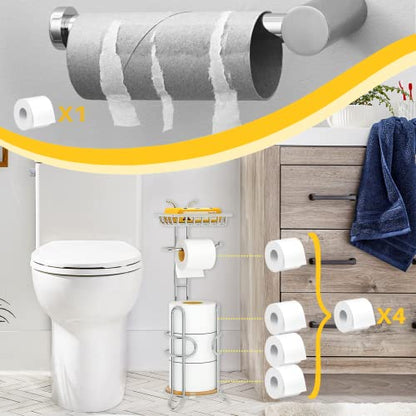 Toilet Paper Holder Stand, Free Standing Tissue Roll Storage Rack with Shelf for Bathroom, Chrome - color: Chrome With Bamboo