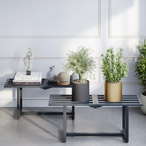 Plant Stand Indoor Outdoor, Foldable Metal Plant Shelf for Multiple Pots, Mid Century Slatted Bench for Patio Garden, Heavy Duty Capacity 330 lbs 2 Pack Grey - color: 1 Tier Grey