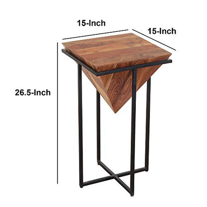 The Urban Port 26 Inch Pyramid Shape Wooden Side Table | Brown Finish, Cross Black Metal Base, Modern Accent End Table, For Living Room, Bedroom, Entryway, Lounge, Home Decor Display - size: 26-Inch