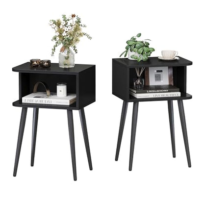 Black Nightstand Set of 2, Small Bed Side Table for Small Spaces, Mid Century Modern Nightstand End Table with Open Storage, Side Table for Bedroom Living Room, MLBZ20B-2 - color: Black