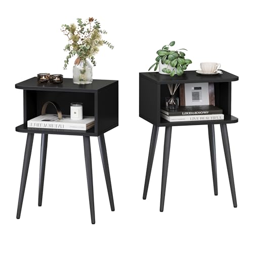 Black Nightstand Set of 2, Small Bed Side Table for Small Spaces, Mid Century Modern Nightstand End Table with Open Storage, Side Table for Bedroom Living Room, MLBZ20B-2 - color: Black
