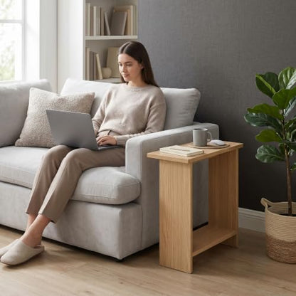 Narrow Side Table for Living Room, Slim End Table for Small Spaces Between Couch, Recliner or Armchair, 2 Tier Skinny Table with Open Shelf, Engineered Wood Sofa Beverage Thin Stand (Natural) - color: Natural