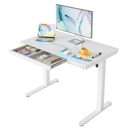 HUANUO Glass Standing Desk with Drawers, 40 X 24 Inch Electric Adjustable Height Desk, Quick Install One-Piece Tabletop with USB Charging Ports, White - color: White, size: 40*24 Inch