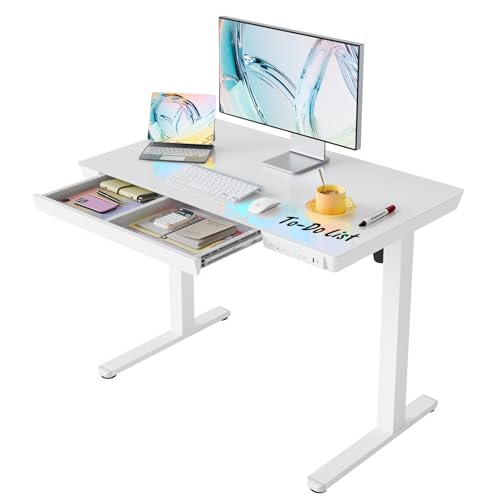 HUANUO Glass Standing Desk with Drawers, 40 X 24 Inch Electric Adjustable Height Desk, Quick Install One-Piece Tabletop with USB Charging Ports, White - color: White, size: 40*24 Inch
