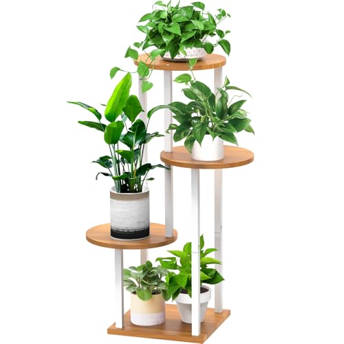 4 Tier Wood Tall Plant Stand Metal Rack Indoor, Multiple Flower Pot Holder Shelves Corner Rack, Round Planter Shelf Display Rack Storage Organizer for Patio Living Room Balcony(White+Wooden) - color: White+Wooden, size: 4 Tier