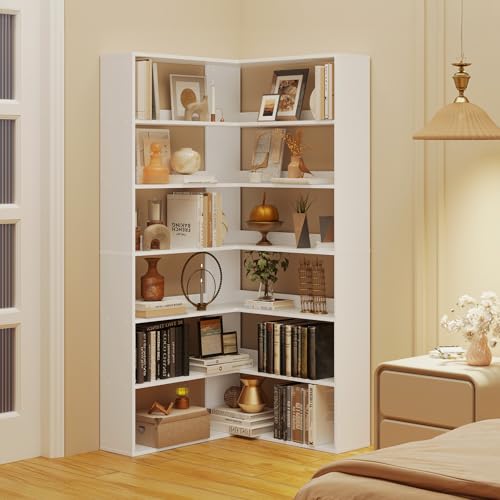 Corner Bookshelf, Freestanding L Shaped Display Shelf, 6 Tiers Bookcase with Baffles, Wooden Bookcase with Storage Organizer for Home Office, Living Room, Bedroom (35.2") - size: 35"