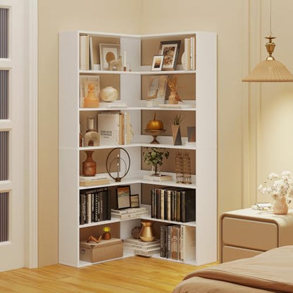 Corner Bookshelf, Freestanding L Shaped Display Shelf, 6 Tiers Bookcase with Baffles, Wooden Bookcase with Storage Organizer for Home Office, Living Room, Bedroom (35.2") - size: 35"