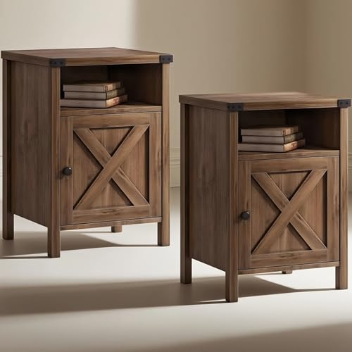 Farmhouse End Table, Nightstand with Barn Door and Shelf,Set of 2,Oak | End Tables,Wooden Sofa Side Table, Modern Bed Side Table Rustic Nightstands, Bedroom, Living Room - color: Oak