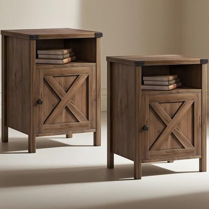 Farmhouse End Table, Nightstand with Barn Door and Shelf,Set of 2,Oak | End Tables,Wooden Sofa Side Table, Modern Bed Side Table Rustic Nightstands, Bedroom, Living Room - color: Oak