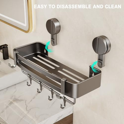 VOLPONE Shower Caddy Suction Cup, 2 Pack Corner Shower Shelves No Drilling, Showers Organizer Storage with Towel Bar & Removable Hooks, Bathroom Shower Shelf Rack for Inside Showers