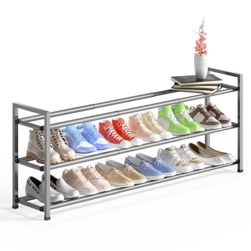 Bumusty 3-Tier Long Expandable Shoe Rack for Closet, 18"-44" Adjustable Shoe Rack for Entryway, 15-18 Pairs Large Shoe Organizer Shelf Storage, Sturdy Metal, Light Grey - color: Light Grey, size: 3-tier