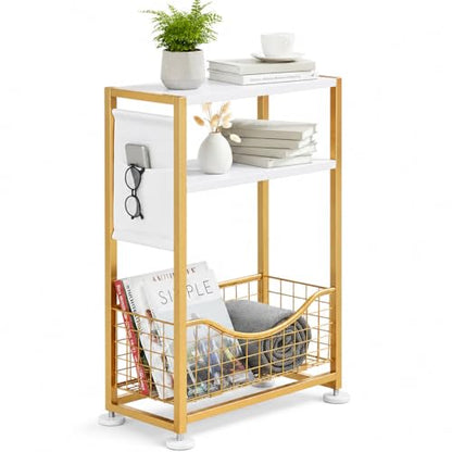 Skinny Side Table with Storage, 3 Tier Slim Side Tables for Small Spaces, Skinny End Table Narrow Bedside Table Narrow Side Table for Living Room, Bedroom - color: White Gold