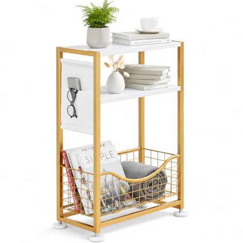 Skinny Side Table with Storage, 3 Tier Slim Side Tables for Small Spaces, Skinny End Table Narrow Bedside Table Narrow Side Table for Living Room, Bedroom - color: White Gold