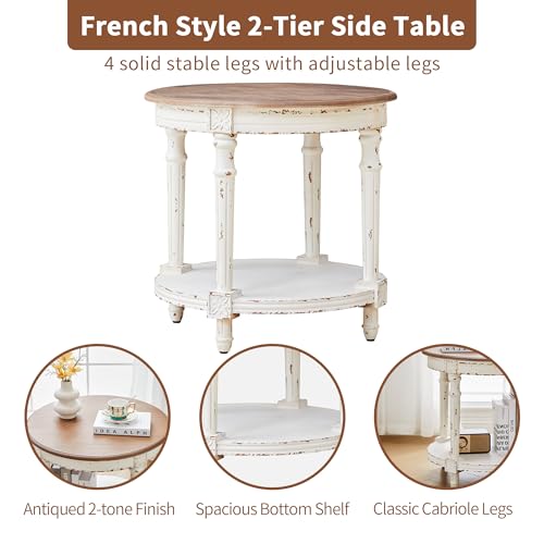 BERRYMERRY 23.6" French Country Round End Table Set of 2, Two Tone Distress 2 Tier Side Table for Living Room Small Space,No Tool Assembly - color: White 2pcs