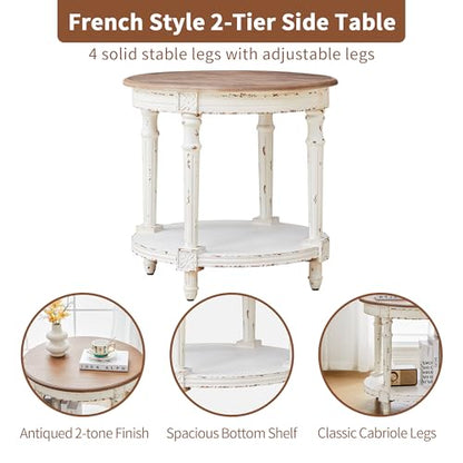 BERRYMERRY 23.6" French Country Round End Table Set of 2, Two Tone Distress 2 Tier Side Table for Living Room Small Space,No Tool Assembly - color: White 2pcs