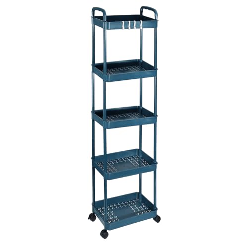 PATIKIL 5-Tier Rolling Utility Cart with Handle, Storage Shelves Organizer Cart Movable Storage Organizer with Wheels for Room Office Kitchen Bathroom, Blue - color: Blue