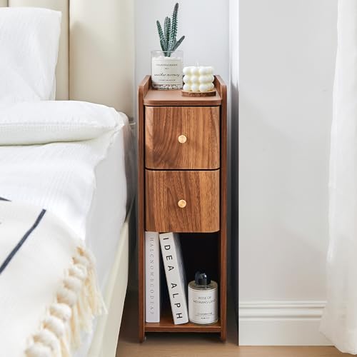 Narrow Nightstand Set of 2, Wooden Small 2 Drawer Nightstand, Slim Side End Table, Skinny Bedside Table, Mid Century Modern Night Stand with Drawers, for Living Room (Walnut 2-2 pcs) - color: Walnut 2-2 Pcs