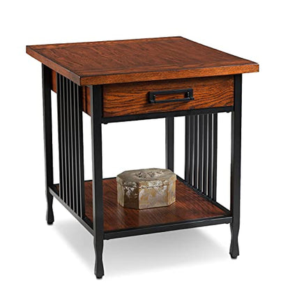 Leick Home Ironcraft End Table, Solid Wood, 1 Storage Drawer, Bottom Display Shelf, Mission Oak, Black Steel Base, Easy Assembly, 22 in W x 24 in H x 24 in D, 11207 - color: Mission Oak