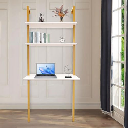2-Shelf Industrial Wall Mount Ladder，Wall Mount Computer or Writing Desk, Computer Laptop Desk with Shelves, Wall Table Floating Desk with Storage for Home Office, Gold, (20" Dx30 Wx72.8 H) - color: Gold/ White