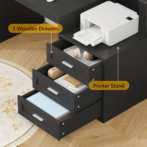 65" Farmhouse Computer Desk with Drawers and Printer Stand for Home Office | Office Desk with Power Outlets and Storage Cabinet, Study Writing Desks with Long Monitor Stand, Black - color: Black