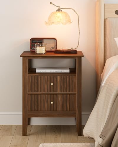 Fluted Nightstand, Farmhouse Night Stand with 2 Drawers, Mid Century Modern Side Accent Table,Bedside End Table for Bedroom, Living Room, Brown - color: Walnut Brown, size: 2 Drawers