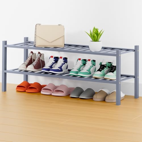 Smiry Bamboo Shoe Rack, 14 Vertical Slats, 2 Tier - 33.7" Wide, Grey | Stackable Free Standing Wooden Shoe Organizer, Wood Shoe Storage Shelf for Closet, Entryway, Thicher Leg - color: Grey, size: 33.66" Wide - 2 Tier - Thicker