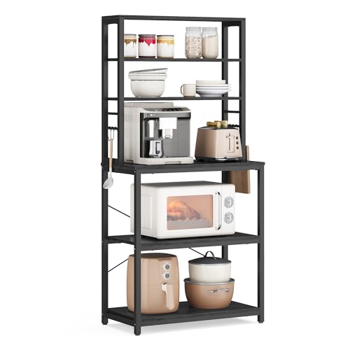 VASAGLE Coffee Bar, 23.6 Inches Baker's Rack for Kitchen with Storage, 6-Tier Kitchen Shelves with 6 Hooks, Microwave Stand, Industrial, Charcoal Gray and Ink Black UKKS024B22 - color: Charcoal Gray + Ink Black, size: 23.6"W, style: No Power Outlet