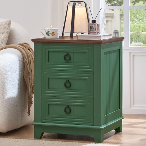 Joaxswe Farmhouse Night Stand, 18" End Table with 3 Drawer Metal Handle, Sofa Bed Side Table Chest of Drawers,Wood Nightstand Cabinet for Organizer, Living Room-Green - color: Green, size: 3 Drawers