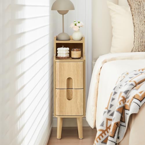 Narrow End Table Living Room, Wooden Small 2 Drawer Nightstand Bedroom, Thin Couch Side End Table, Vintage Skinny Bedside Table Small Spaces, Mid Century Modern Night Stand with Drawers (Natural-1 pc) - color: Natural-1 Pc