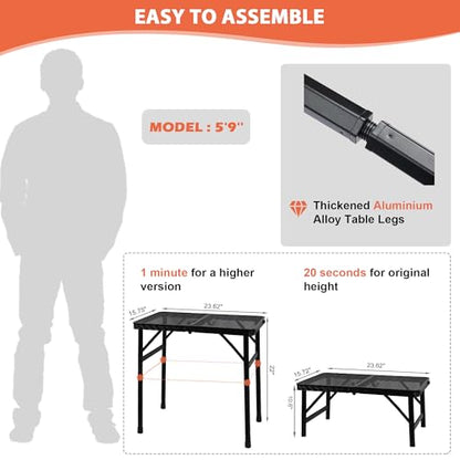 GREGIN Camping Table with Mesh Desktop, Lightweight & Portable Small Folding Grill Table, Height Adjustable Metal Outdoor Table for Camp, Cooking, BBQ, RV, Picnic-2 FT Black - size: S: 23.62"L x 15.75"W x 10.6"H/22"H