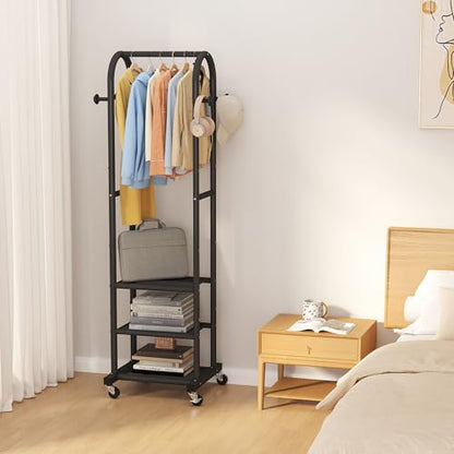 Dttwacoyh Clothing Rack with Wheels,Narrow Metal Garment Rack,Black | Easy to install, 71.8 Inches Display Rack with 4 Side Hooks & 3 Shelves,for Small Flats, Bedroom, Entryway,Black Clothes Rack - color: Black