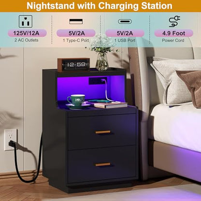 Yusong LED Nightstand Bedside Table with Charging Station 2 Drawers, Modern Sofa Couch End Side Table with LED Lights and Pull-Out Shelf for Bedroom, Black - color: Black 003