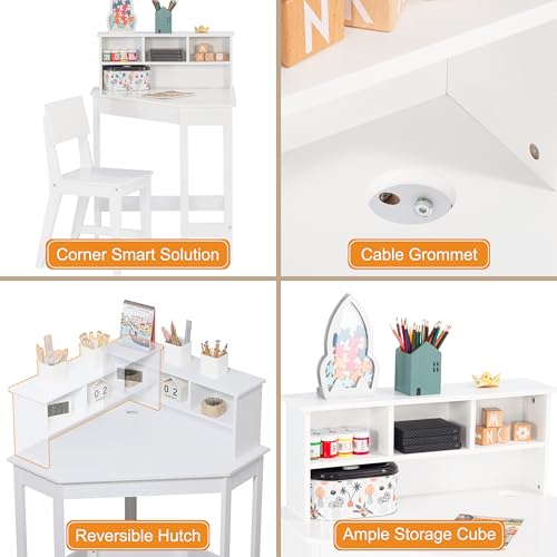 UTEX Kids Desk, Kids Corner Desk and Chair Set, Children Study Table with Storage and Hutch for Home School Use, White