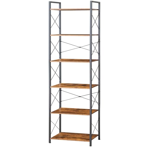 HCHQHS Narrow Bookshelf, Adjustable 6-Tier Industrial Bookcase, Rustic Open Book Shelf, Freestanding Tall Bookshelves with Metal Frame - color: Rustic Brown, size: 6-Tier (16.5"W x 70.2"H, Adjustable)