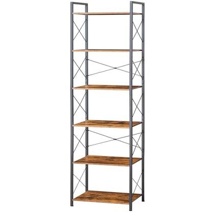 HCHQHS Narrow Bookshelf, Adjustable 6-Tier Industrial Bookcase, Rustic Open Book Shelf, Freestanding Tall Bookshelves with Metal Frame - color: Rustic Brown, size: 6-Tier (16.5"W x 70.2"H, Adjustable)