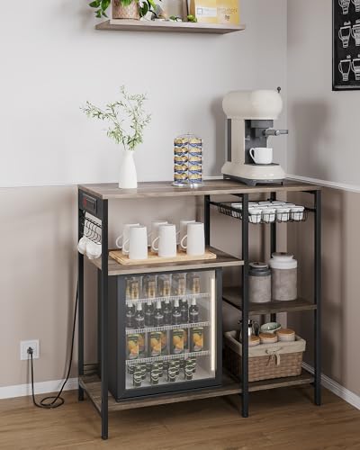 VASAGLE Baker's Rack, Coffee Bar Stand with Charging Station, 35.6 Inches Tall, Storage Shelves, Pull-Out Wire Basket, Table for Microwave, Kitchen, Heather Greige and Ink Black UKKS036K02 - color: Heather Greige + Ink Black, style: With Power Outlet