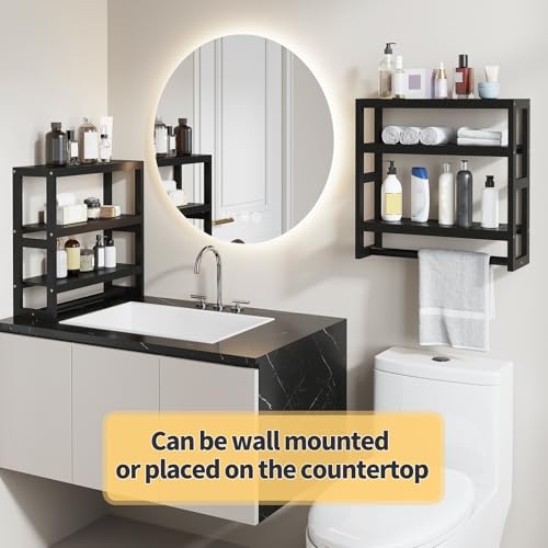 Bathroom Shelves with Hanging Bar Over Toilet Storage - Adjustable Wall Organizer (Black) - color: Black