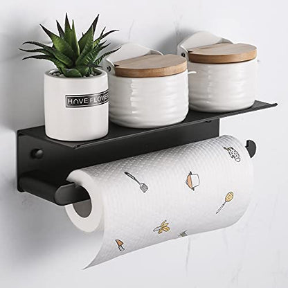 DUFU Paper Towel Holder Wall Mount for Kitchen, Black | Self-Adhesive Paper Towel Holder with Shelf for Bathroom, Anti-Rust Aluminum, No Drill or Wall-Mounted with Screws - color: Black