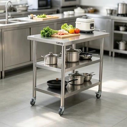 Garvee Stainless Steel Straight Edge Work Table 36 inch Double Layer with Casters & Garbage Shelf, Heavy Duty Commercial Prep Table, 0.7mm Thick - size: 36*24*35 inch - with casters + trash rack