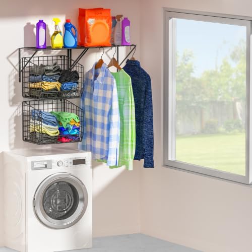 2 Pack Laundry Room Shelves with Wire Baskets, Over the Washer and Dryer Shelf, Wall Mounted Storage and Clothes Drying Rack, Wire Shelves Baskets for Laundry Closet Organization and Storage-Black