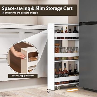 LOKO Slim Storage Cart, 4-Tier Rolling Cart with Handle & Wooden Top for Kitchen Bathroom Laundry Living Room Narrow Small Spaces, 5 Inches Width (Plain White) - color: Plain White