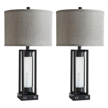 Set of 2 Modern Table Lamps for Living Room with USB C+A Ports | Rustic Nightstand Lamp with White Night Light, Retro Desk Lamp for Bedroom End Table Entryway, 4 Bulb Included (Black) - color: Black