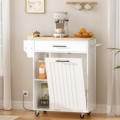 HOOBRO Kitchen Island with Trash Can Storage, Rolling Kitchen Island on Wheels, Kitchen Storage Island with Power Outlet, Mobile Islands Table for 10 Gallon Garbage Bin, Natural and White WN80UZD01G1 - color: Natural + White